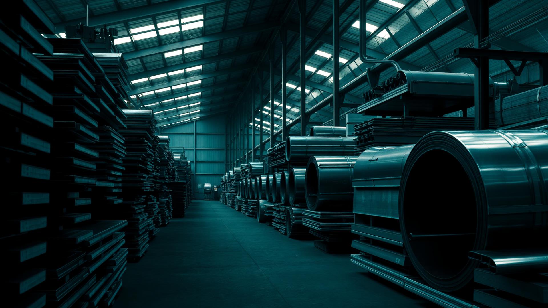 Aluminum sheets, coils, and profiles stacked in a bonded distribution warehouse.